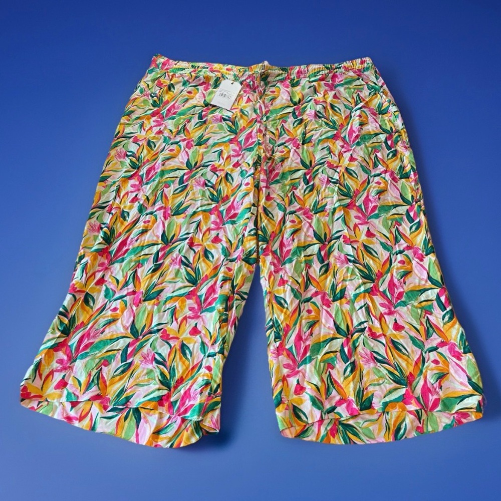 NWT Stella Parker Palazzo Drawstring Cropped Lounge Pants Floral Tropical Sz 2X